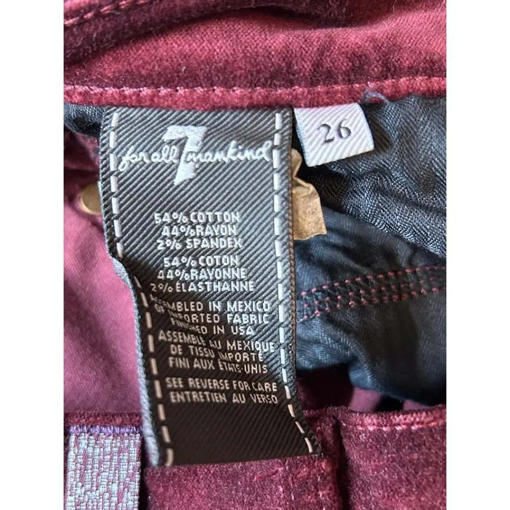 7 For All Mankind Skinny Velvet Cabernet Pants Size 26‎ XS